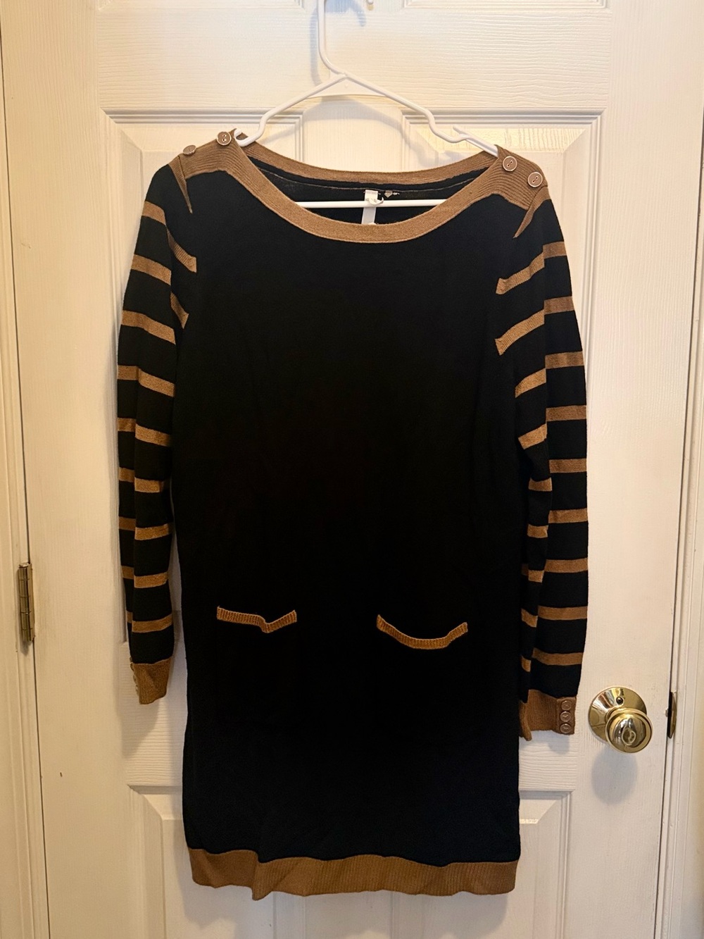 Black and Camel Striped Sleeve Sweater Dress